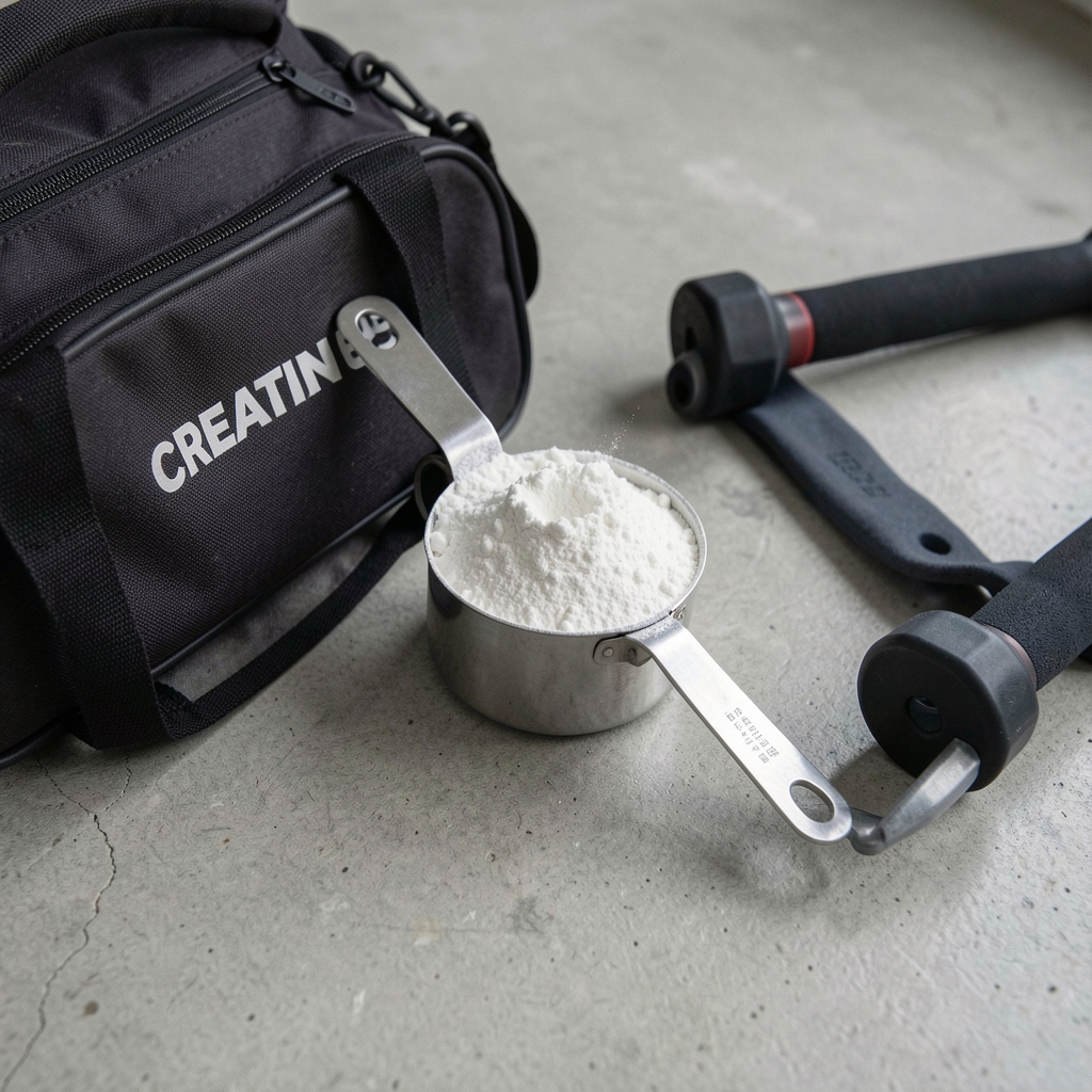 Creatine powder in a measuring scoop resting on a gym bag near resistance bands on a clean concrete floor, minimal editorial composition